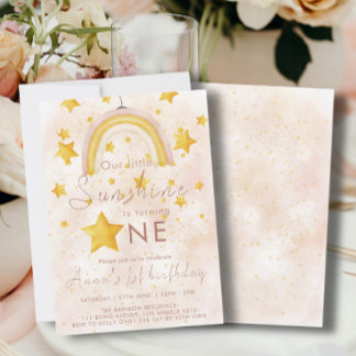Little Sunshine Boho Rainbow Gold Star Birthday Invitation