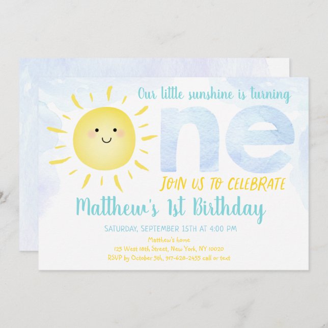 Little Sunshine Boy First Birthday Invitation (Front/Back)