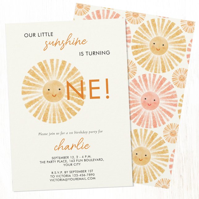 Little Sunshine First 1st Birthday Invitation (Our little sunshine is turning one. Personalized happy waterolor sun first 1st birthday party invite)