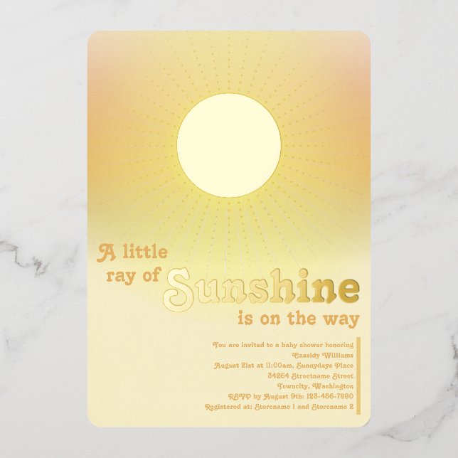 Little Sunshine Gold Sun Baby Shower Foil Invitati (Front)