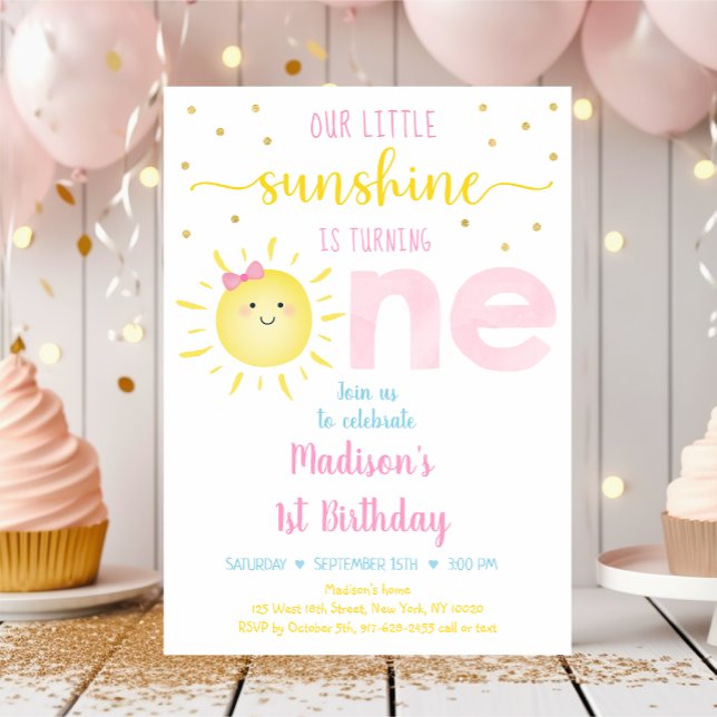 Little Sunshine Pastel Pink Gold First Birthday Invitation (Creator Uploaded)