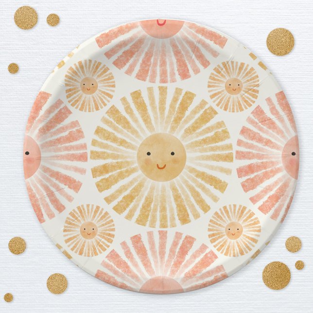 Little Sunshine Pattern Baby Shower Paper Plate (Little ray of sunshine watercolor pattern baby shower party paper plates)