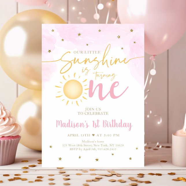 Little Sunshine Pink Gold 1st Birthday Invitation (Creator Uploaded)