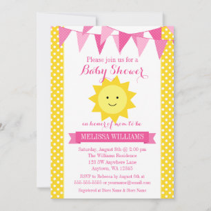 Little Sunshine Pink Yellow Bunting Baby Shower Invitation