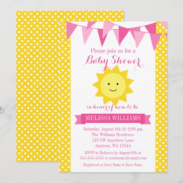Little Sunshine Pink Yellow Bunting Baby Shower Invitation (Front/Back)