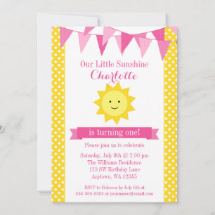 Little Sunshine Pink Yellow Bunting Birthday Invitation