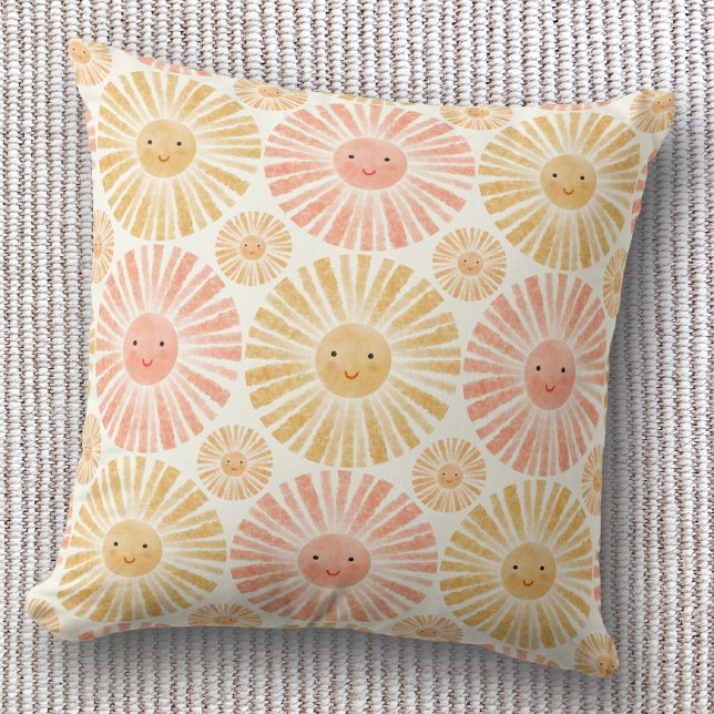 Little Sunshine Watercolor Pattern Cushion (Happy watercolor sunshine pattern throw pillow, ideal for nursery or kids room)