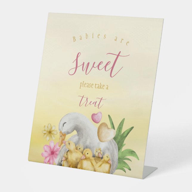 Little Sweet Heart Yellow Mummy Duck & Baby Shower Pedestal Sign (Front)