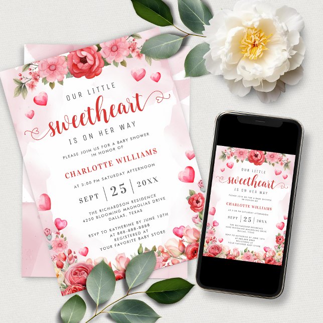Little Sweetheart Baby Shower Cute Floral Hearts Invitation (Creator Uploaded)