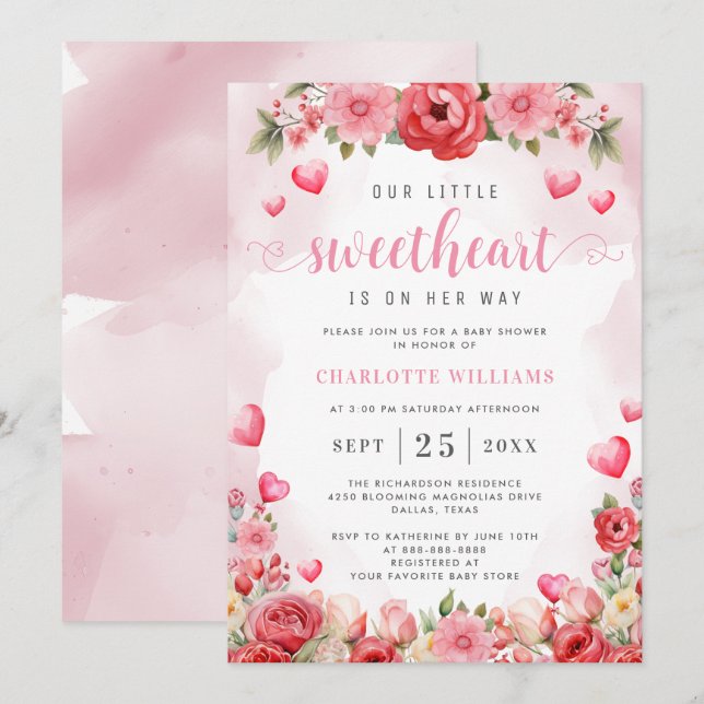 Little Sweetheart Baby Shower Floral Hearts Pink Invitation (Front/Back)