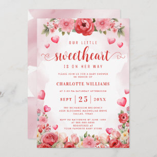 Little Sweetheart Baby Shower Floral Hearts Red Invitation