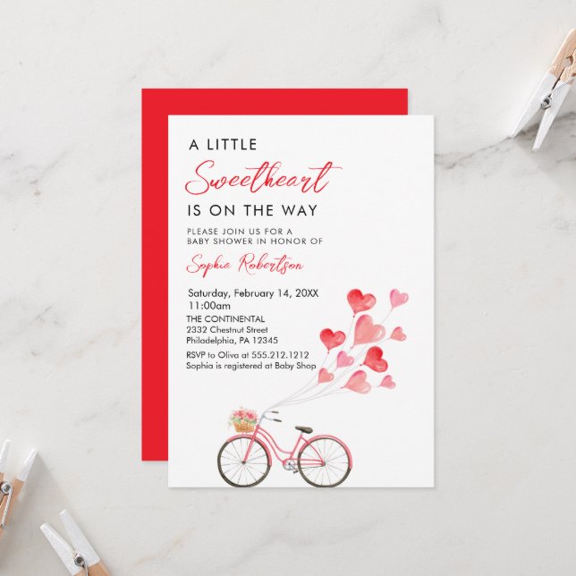 Little Sweetheart bicycle Valentine's Baby Shower Invitation (Front/Back In Situ)