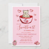 Little Sweetheart Birthday Bear Hearts Invitation