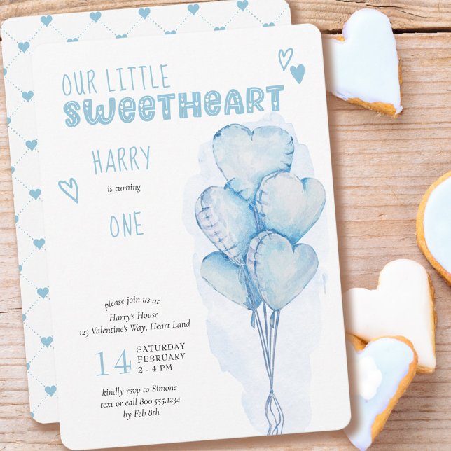 Little Sweetheart Blue Heart Balloons 1st Birthday Invitation (Creator Uploaded)