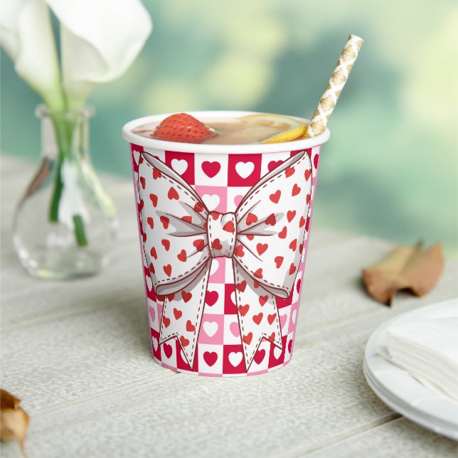 Little Sweetheart Bow heart chequered Paper Cup  (Insitu)