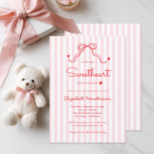Little Sweetheart Bow Pink Stripe Baby Shower Invitation