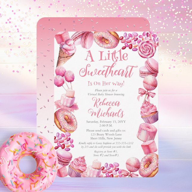 Little Sweetheart Candy Frame Virtual Baby Shower Invitation ("A Little Sweetheart Is On Her Way" Pink Candy and Bakery Treat Frame Virtual Baby Shower Invitation)