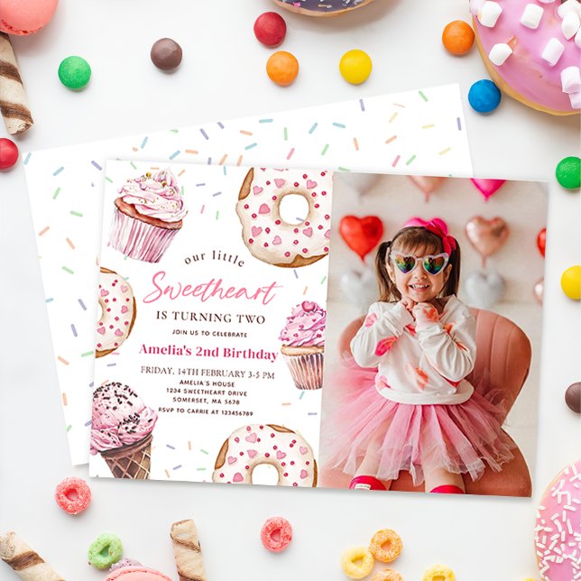 Little Sweetheart Cupcake & Doughnut Birthday Phot Invitation (Creator Uploaded)