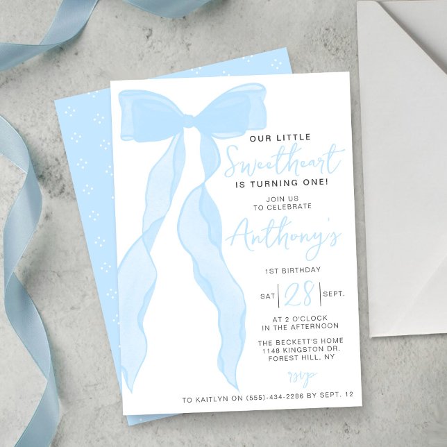 Little Sweetheart Elegant Blue Bow Birthday Party Invitation (Creator Uploaded)