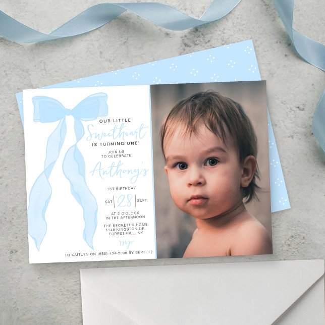 Little Sweetheart Elegant Blue Bow Birthday Photo Invitation (Creator Uploaded)