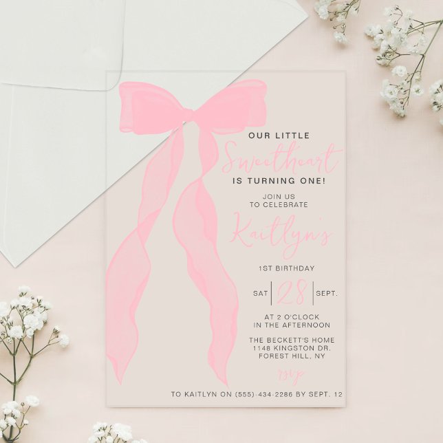 Little Sweetheart Elegant Pink Bow Birthday Party Acrylic Invitations (Creator Uploaded)