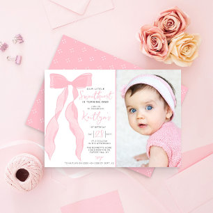 Little Sweetheart Elegant Pink Bow Birthday Photo Invitation