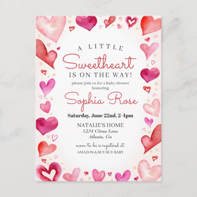 Little Sweetheart February baby shower for Girl Postcard (Front)