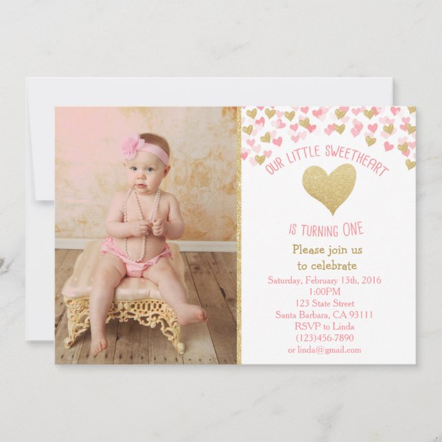 Little Sweetheart First Birthday Photo Invitation (Front)