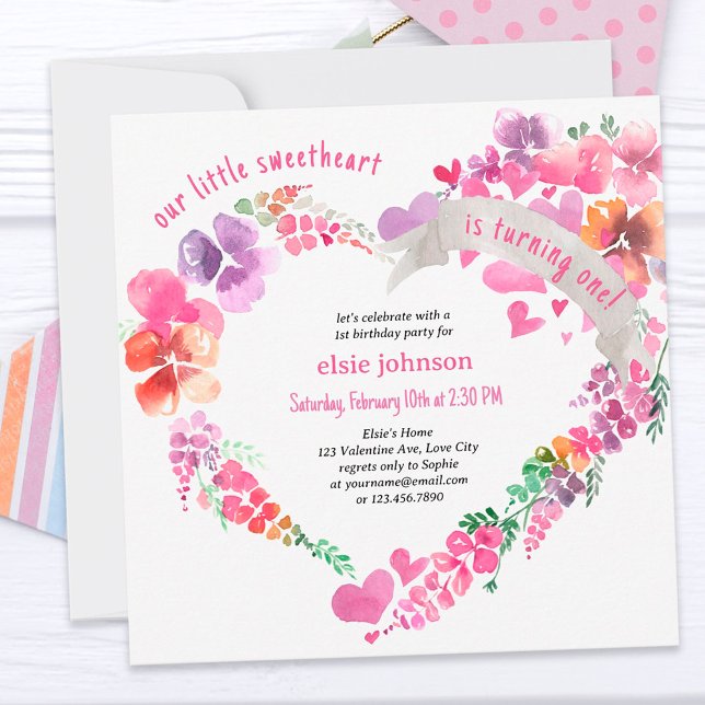 Little Sweetheart Floral Heart Girls 1st Birthday Invitation (Creator Uploaded)