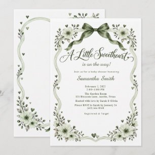 Little Sweetheart Green Floral Bow Baby Shower Invitation
