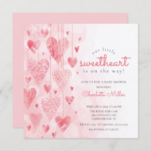 Little Sweetheart Hanging Hearts Girls Baby Shower Invitation