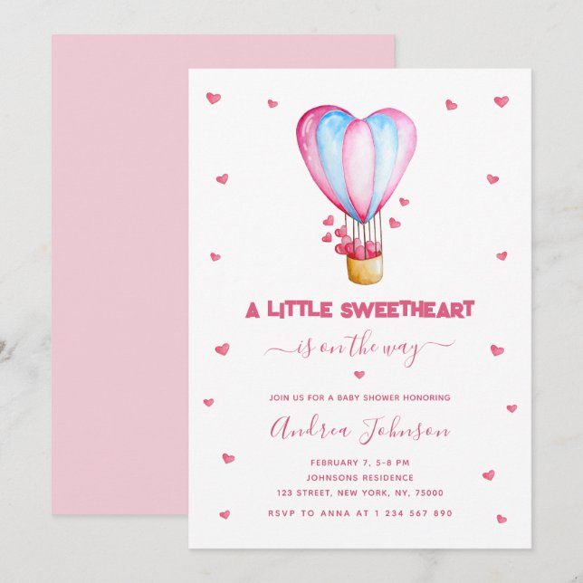 Little Sweetheart Hot Air Balloon Girl Baby Shower Invitation (Front/Back)
