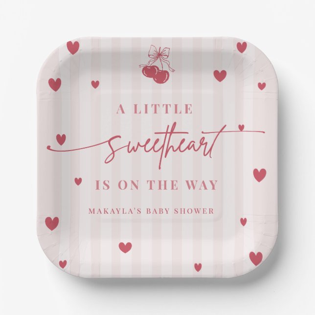 Little Sweetheart Is On The Way Girl Baby Shower  Paper Plate (Front)