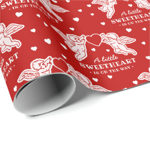 Little Sweetheart On The Way Vintage Cupid Doodles Wrapping Paper
