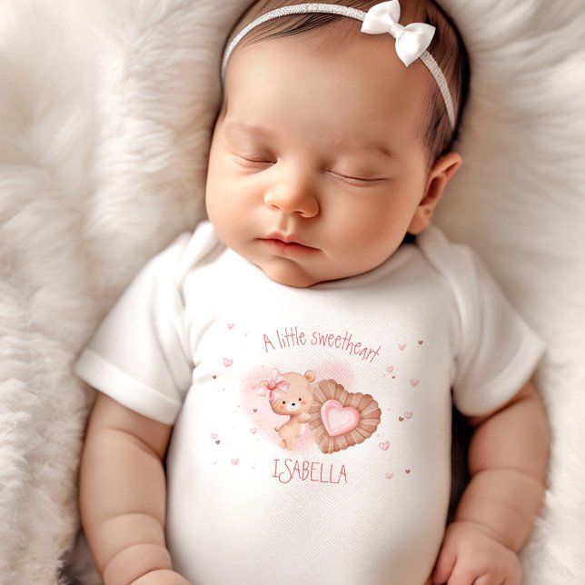 Little Sweetheart Pink Baby Bear Name Girl Baby Bodysuit (Little Sweetheart Pink Baby Bear Girl Baby Bodysuit)