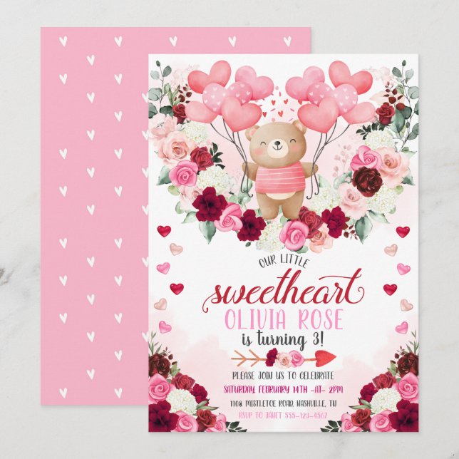 Little Sweetheart Pink Bear Valentine's Birthday Invitation (Front/Back)