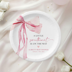 Little Sweetheart Pink Bow Valentine's Baby Shower Paper Plate