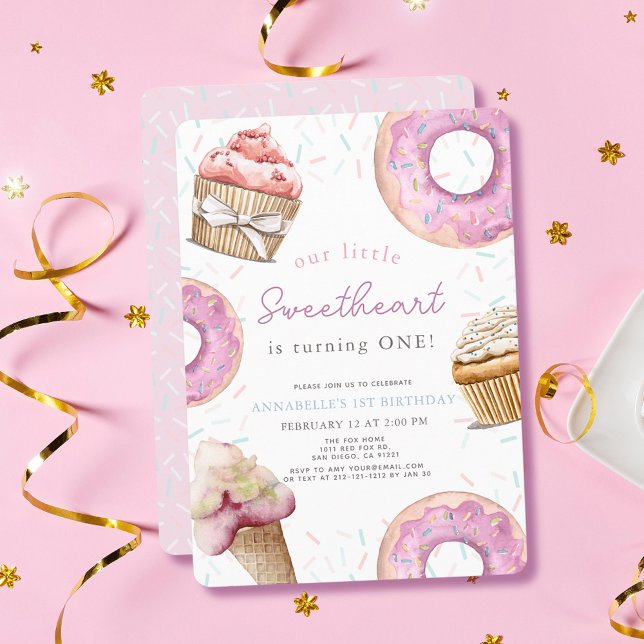 Little Sweetheart Pink Cupcake Doughnut 1st Birthd Invitation (Creator Uploaded)