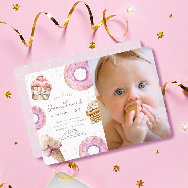 Little Sweetheart Pink Cupcake Photo 1st Birthday  Invitation (Creator Uploaded)