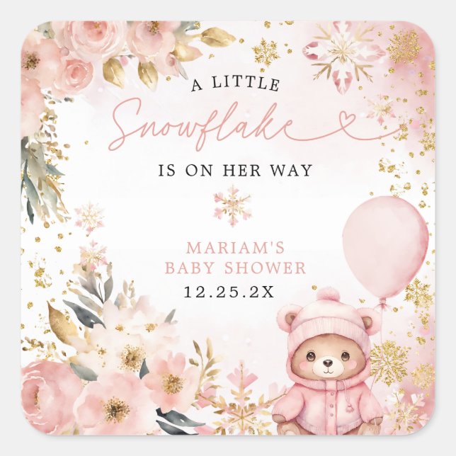 Little Sweetheart Pink Floral Bear Baby Shower  Square Sticker (Front)