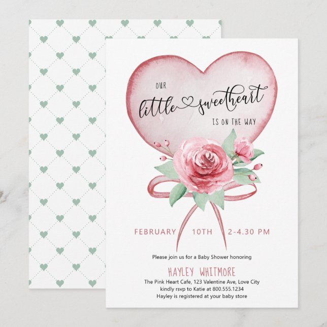 Little Sweetheart Pink Heart and Roses Baby Shower Invitation (Front/Back)