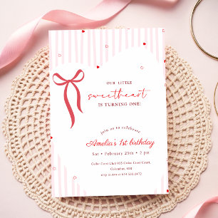Little Sweetheart Pink Red Bow Love First Birthday Invitation
