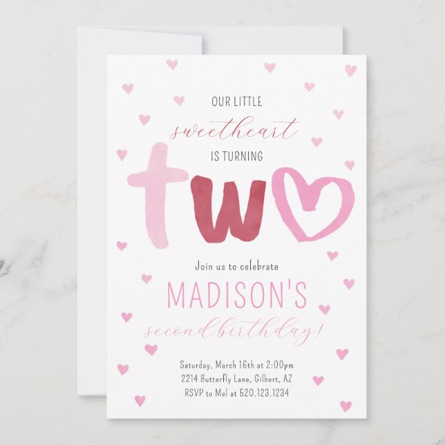 Little Sweetheart Pink Red Hearts 2nd Birthday Invitation (Front)