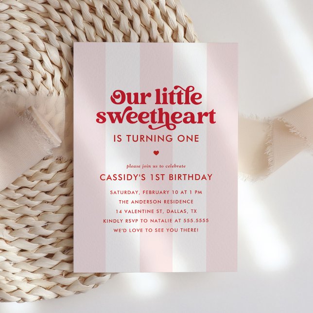 Little Sweetheart Pink Stripes Valentine Birthday Invitation (Creator Uploaded)
