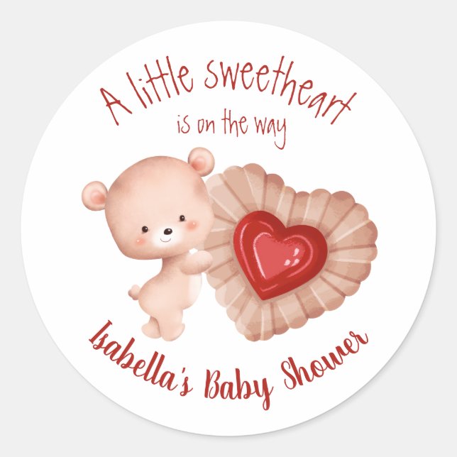 Little Sweetheart Red Beige Valentines Baby Shower Classic Round Sticker (Front)