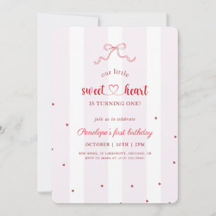 Little Sweetheart Red Bow Ribbon First Birthday Invitation