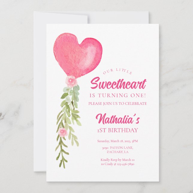 Little Sweetheart Red Heart Balloon Birthday  Invitation (Front)