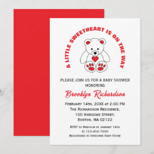 Little Sweetheart Red White Teddy Bear Baby Shower Invitation