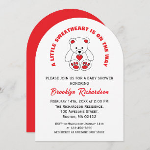 Little Sweetheart Red White Teddy Bear Baby Shower Invitation