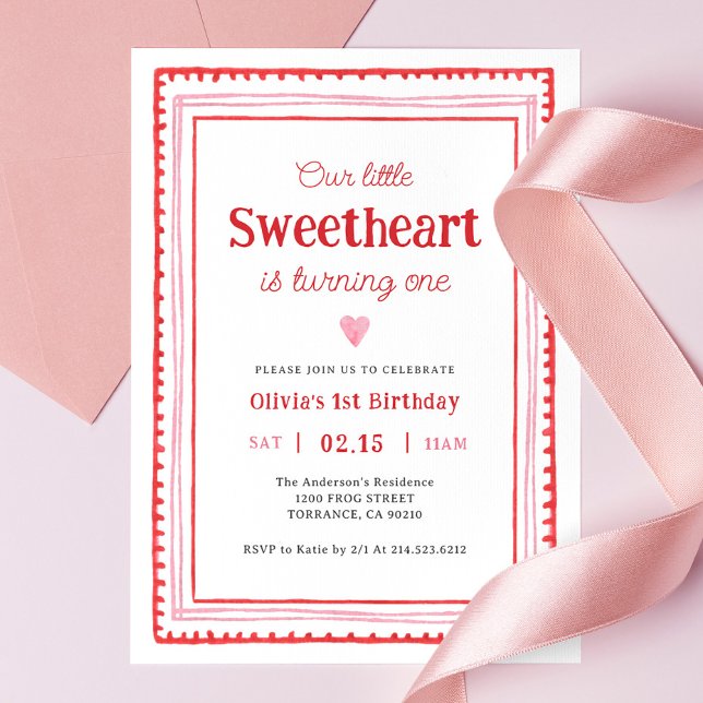 Little Sweetheart Valentine 1st Birthday Party Invitation (Creator Uploaded)